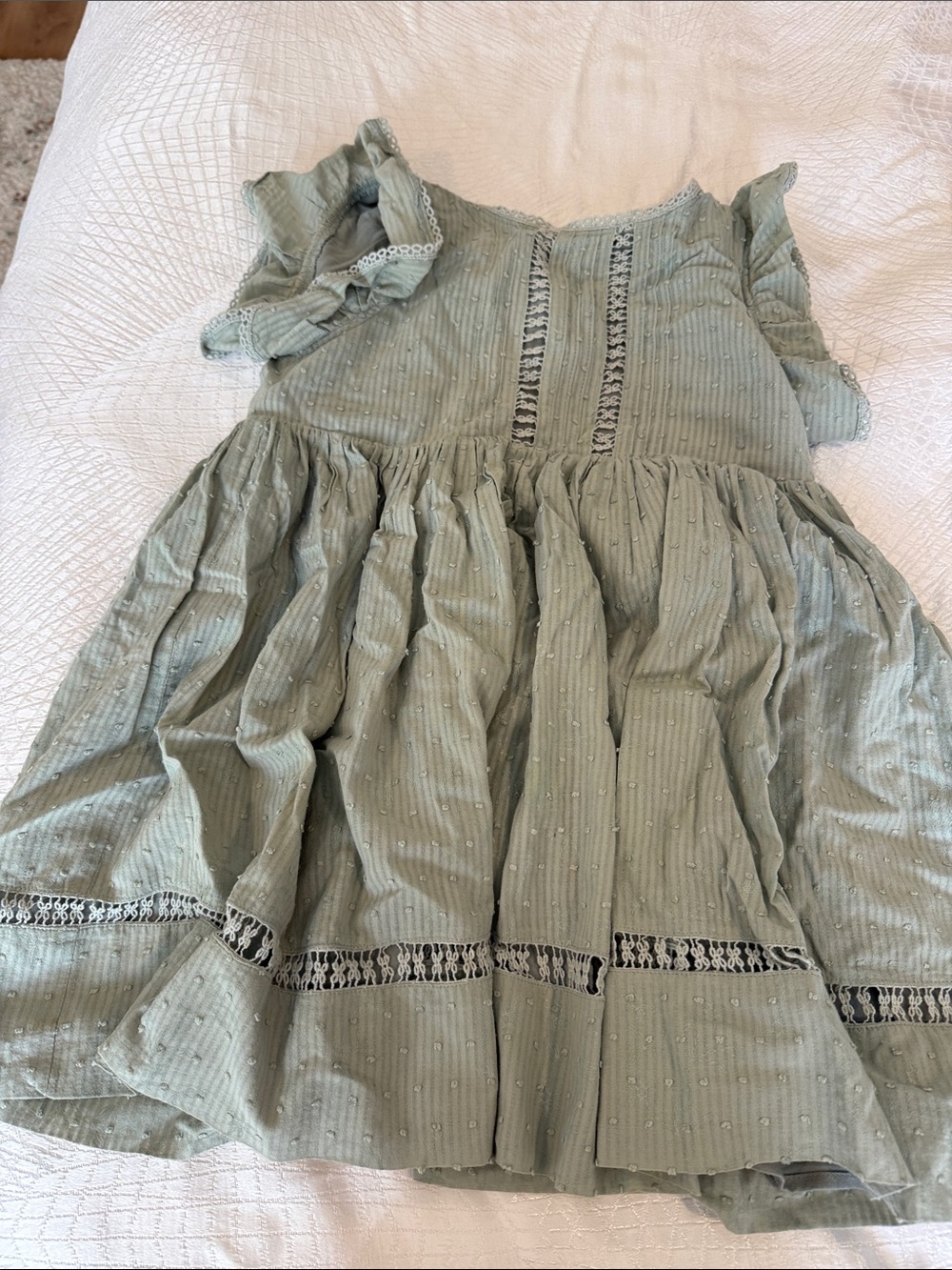 Noralee Girls' Sage Green Cotton Swiss Dot Dress with Lace Trim